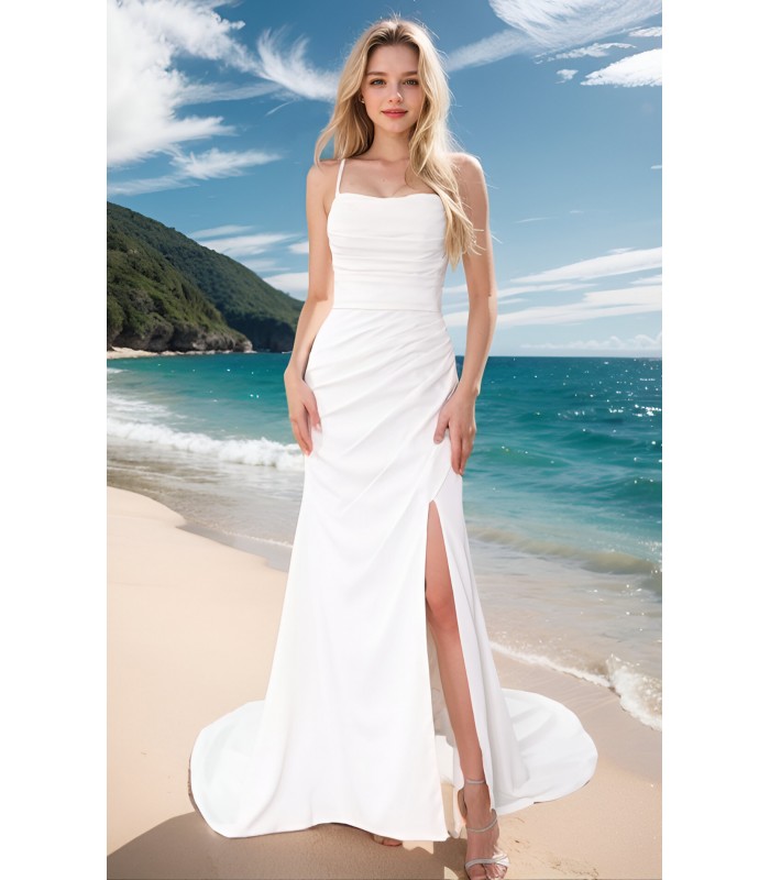 Wedding Dress - Crepe Fitted and Flair Boat Neckline Pleated Bodice and Skirt with Slit - BLL-F2005