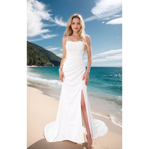 Wedding Dress - Crepe Fitted and Flair Boat Neckline Pleated Bodice and Skirt with Slit - BLL-F2005