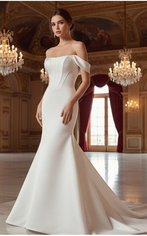 Structured Satin Off-the-Shoulder Mermaid Gown with Corset Bodice - BLL-F54802