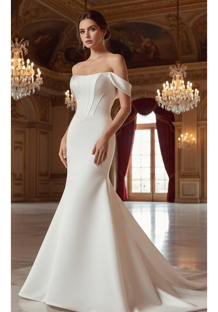 Structured Satin Off-the-Shoulder Mermaid Gown with Corset Bodice - BLL-F54802