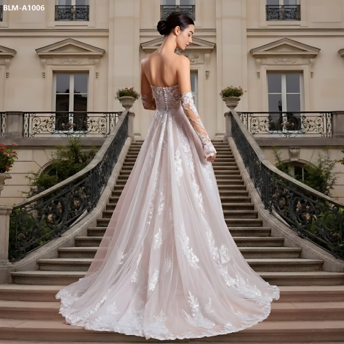 Wedding Dress - Floral Lace Appliques Tulle A-line with Detachable Fitted Sleeves - BLM-A1006