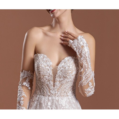 Wedding Dress - Floral Lace Appliques Tulle A-line with Detachable Fitted Sleeves - BLM-A1006
