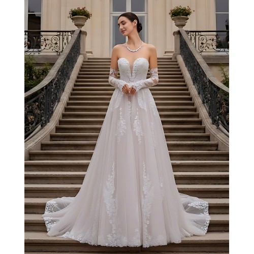 Wedding Dress - Floral Lace Appliques Tulle A-line with Detachable Fitted Sleeves - BLM-A1006