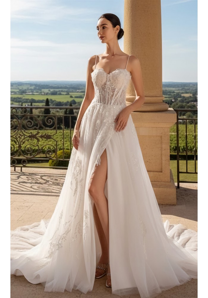 Wedding Dress -Spagheti Straps Floral Lace Appliques Tulle A-line with Slit Skirt - BLM-A2009