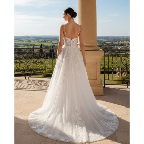 Wedding Dress -Spagheti Straps Floral Lace Appliques Tulle A-line with Slit Skirt - BLM-A2009