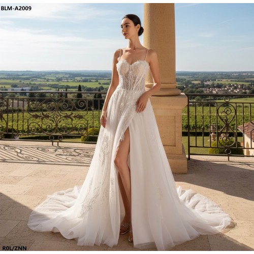 Wedding Dress -Spagheti Straps Floral Lace Appliques Tulle A-line with Slit Skirt - BLM-A2009