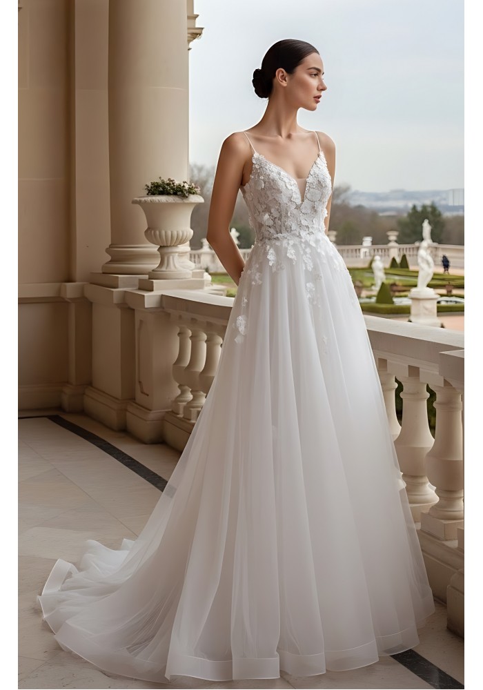 Wedding Dress -Spaghetti Straps 3-D Floral Lace Appliques Tulle A-line - BLM-A2010