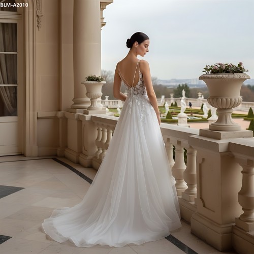 Wedding Dress -Spaghetti Straps 3-D Floral Lace Appliques Tulle A-line - BLM-A2010