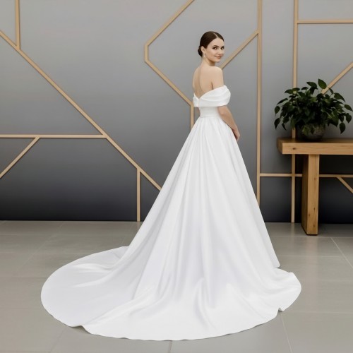 Ethereal Organza A-line with Ruching Off-Shoulder Bishop Sleeves and Corset Back- BLM-AA0453M