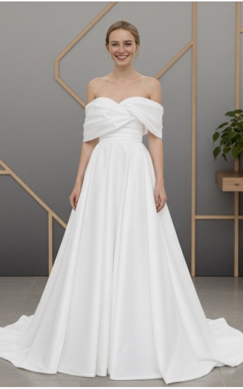 Ethereal Organza A-line with Ruching Off-Shoulder Bishop Sleeves and Corset Back- BLM-AA0453M