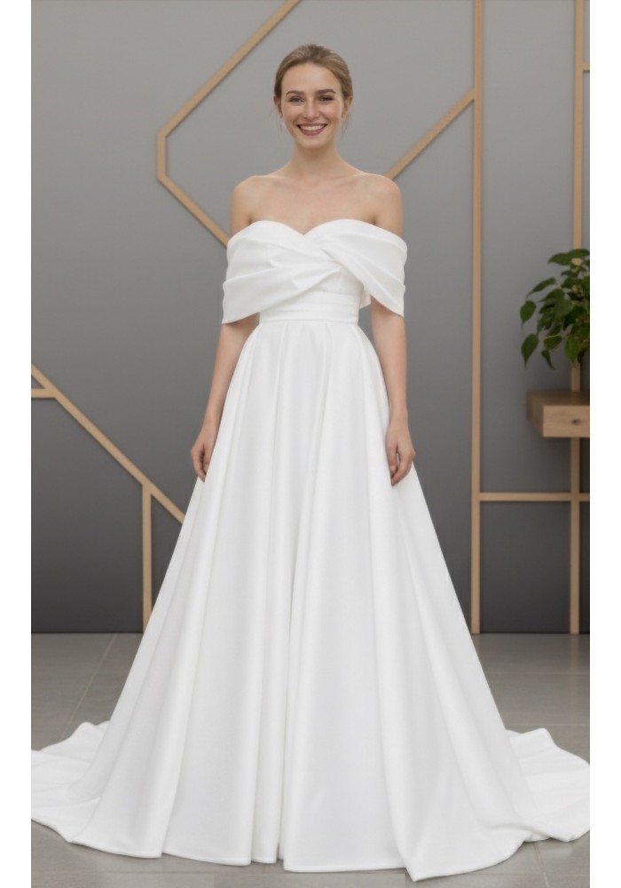 Ethereal Organza A-line with Ruching Off-Shoulder Bishop Sleeves and Corset Back- BLM-AA0453M