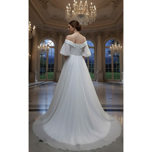 Elegant Ruching Off-the-Shoulder Satin A-Line Bridal Dress - BLM-AA0647