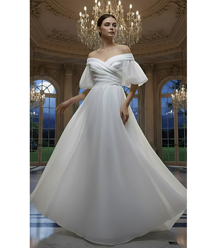 Elegant Ruching Off-the-Shoulder Satin A-Line Bridal Dress - BLM-AA0647
