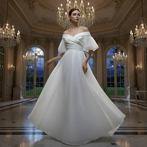 Elegant Ruching Off-the-Shoulder Satin A-Line Bridal Dress - BLM-AA0647