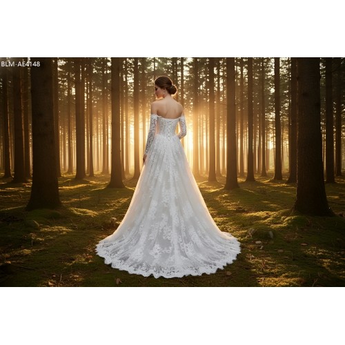 A-Line Wedding Dress - Off-the-Shoulder Lace Gown with Illusion Long Sleeves- BLM-AE4148