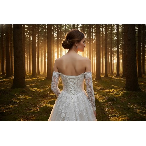 A-Line Wedding Dress - Off-the-Shoulder Lace Gown with Illusion Long Sleeves- BLM-AE4148