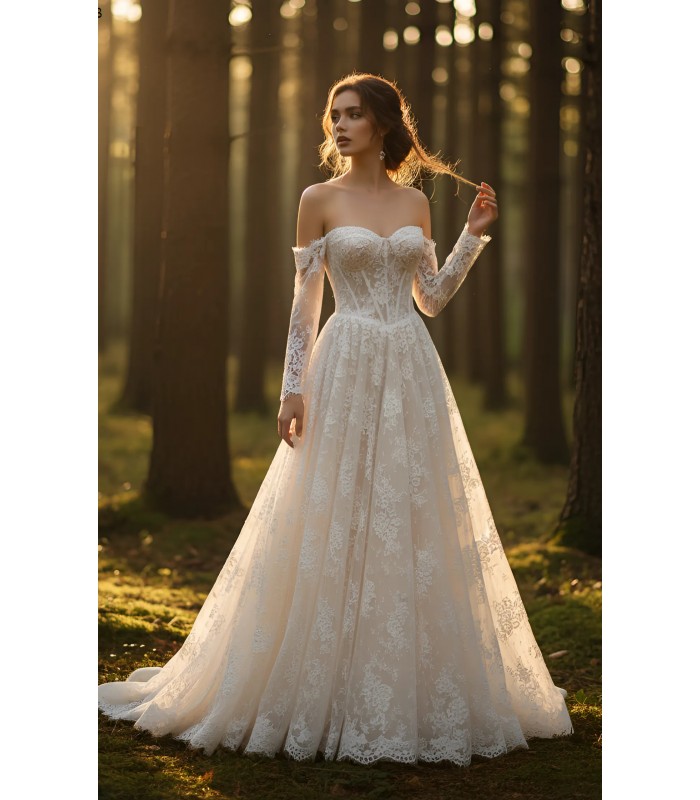 A-Line Wedding Dress - Off-the-Shoulder Lace Gown with Illusion Long Sleeves- BLM-AE4148