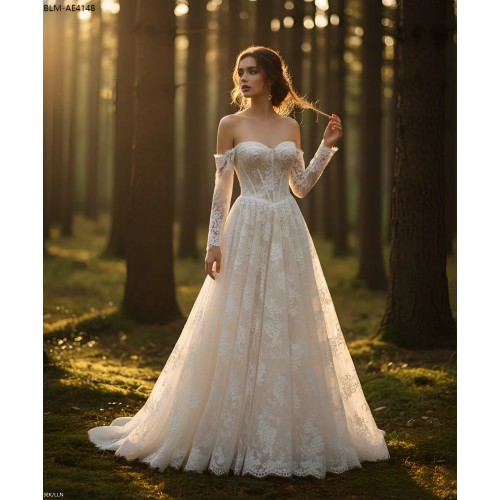 A-Line Wedding Dress - Off-the-Shoulder Lace Gown with Illusion Long Sleeves- BLM-AE4148
