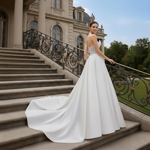 Wedding Dress- Satin Strapless Cat-Eye Neckline Ball Gown - BLM-B1003