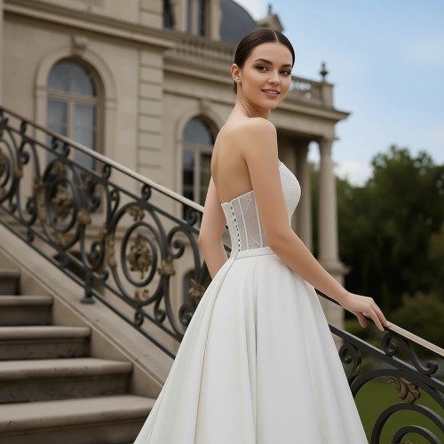 Wedding Dress- Satin Strapless Cat-Eye Neckline Ball Gown - BLM-B1003