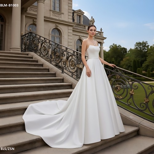 Wedding Dress- Satin Strapless Cat-Eye Neckline Ball Gown - BLM-B1003