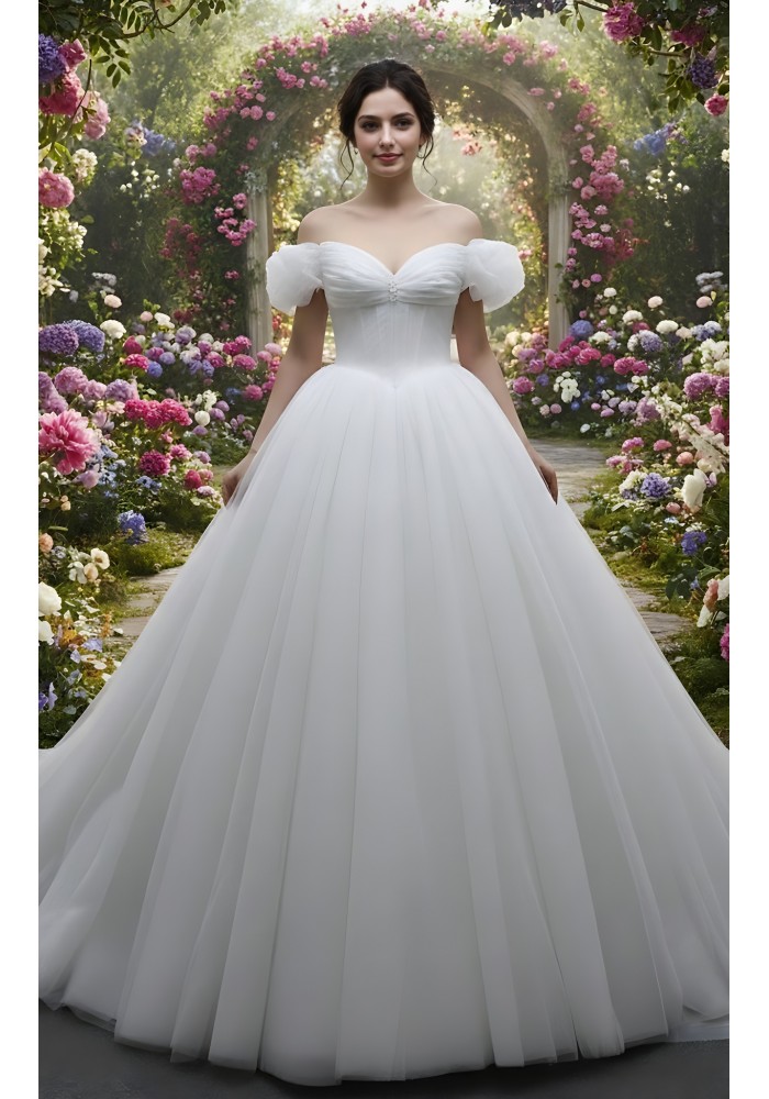 Glittery Tulle Ball Gown with Off-Shoulder Short Sleeves and Corset Back- BLM-BA0779