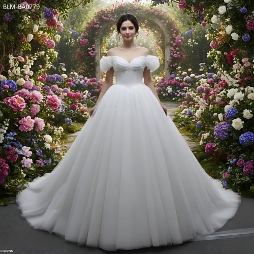 Glittery Tulle Ball Gown with Off-Shoulder Short Sleeves and Corset Back- BLM-BA0779