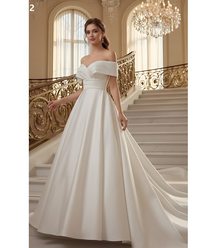 Satin Ball Gown -Beaded and Ruched Off-the-Shoulder and Bodice  with Chapel Train and Button-Back Detail - BLM-BSS132