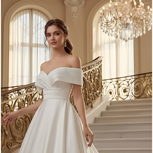 Satin Ball Gown -Beaded and Ruched Off-the-Shoulder and Bodice  with Chapel Train and Button-Back Detail - BLM-BSS132