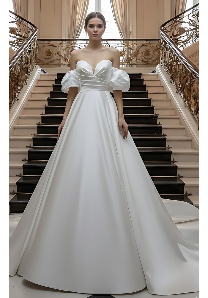 Satin Ball Gown - Ruched Bodice with Detachable Balloon Short Sleeves - BLM-BSS133