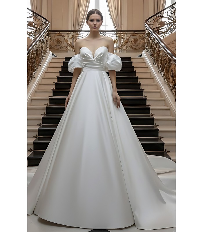 Satin Ball Gown - Ruched Bodice with Detachable Balloon Short Sleeves - BLM-BSS133