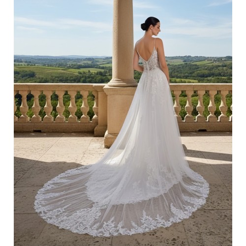 Wedding Dress - Spaghetti Straps Floral Lace Appliques Tulle Fitted and Flare with Tulle Overskirt -BLM-F2010OS