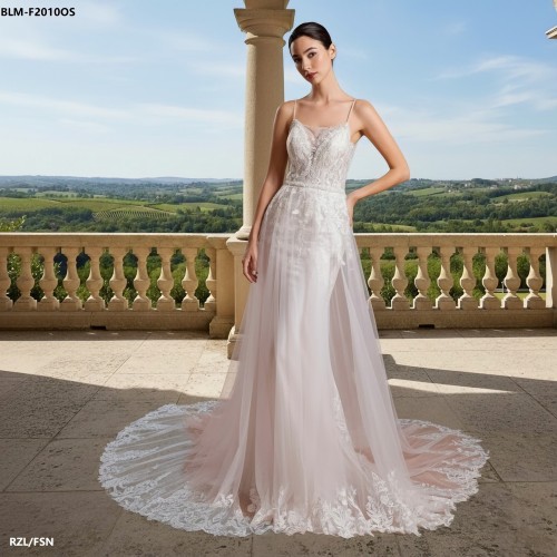 Wedding Dress - Spaghetti Straps Floral Lace Appliques Tulle Fitted and Flare with Tulle Overskirt -BLM-F2010OS