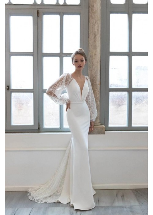 Fitted & Flare Plunge V Neckline with Sheer Sequin Lace Puffy Long Sleeves Wedding Dress - CB-08144PLD