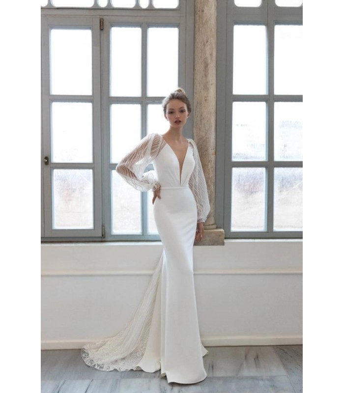 Fitted & Flare Plunge V Neckline with Sheer Sequin Lace Puffy Long Sleeves Wedding Dress - CB-08144PLD