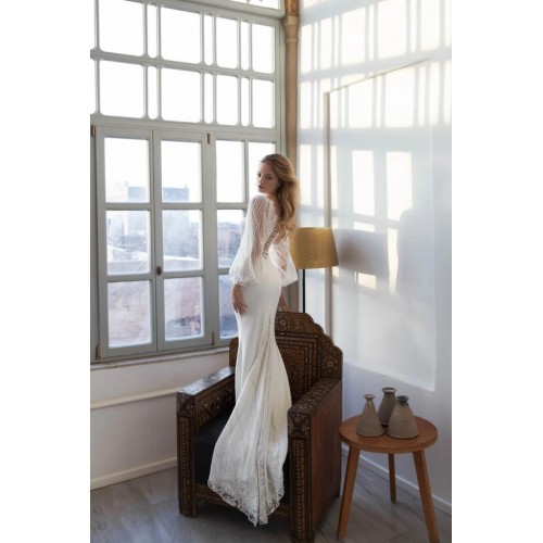 Fitted & Flare Plunge V Neckline with Sheer Sequin Lace Puffy Long Sleeves Wedding Dress - CB-08144PLD