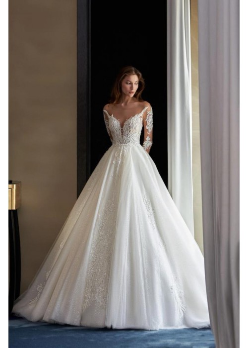 Ball Gown Plunge V Cut with Beaded Lace Tulle Long Sleeves Wedding Dress - CB-3173.00.17PLD