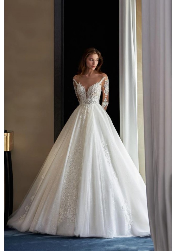 Ball Gown Plunge V Cut with Beaded Lace Tulle Long Sleeves Wedding Dress - CB-3173.00.17PLD