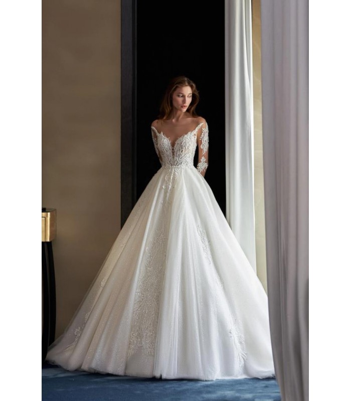 Ball Gown Plunge V Cut with Beaded Lace Tulle Long Sleeves Wedding Dress - CB-3173.00.17PLD