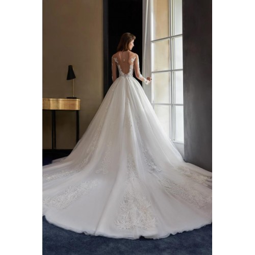 Ball Gown Plunge V Cut with Beaded Lace Tulle Long Sleeves Wedding Dress - CB-3173.00.17PLD