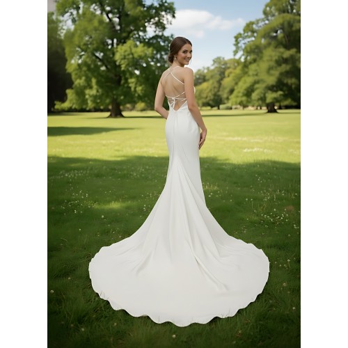 Crepe Fitted & Flare Wedding Dress with Spaghetti Straps Cross-back Tied up - CB-F2001