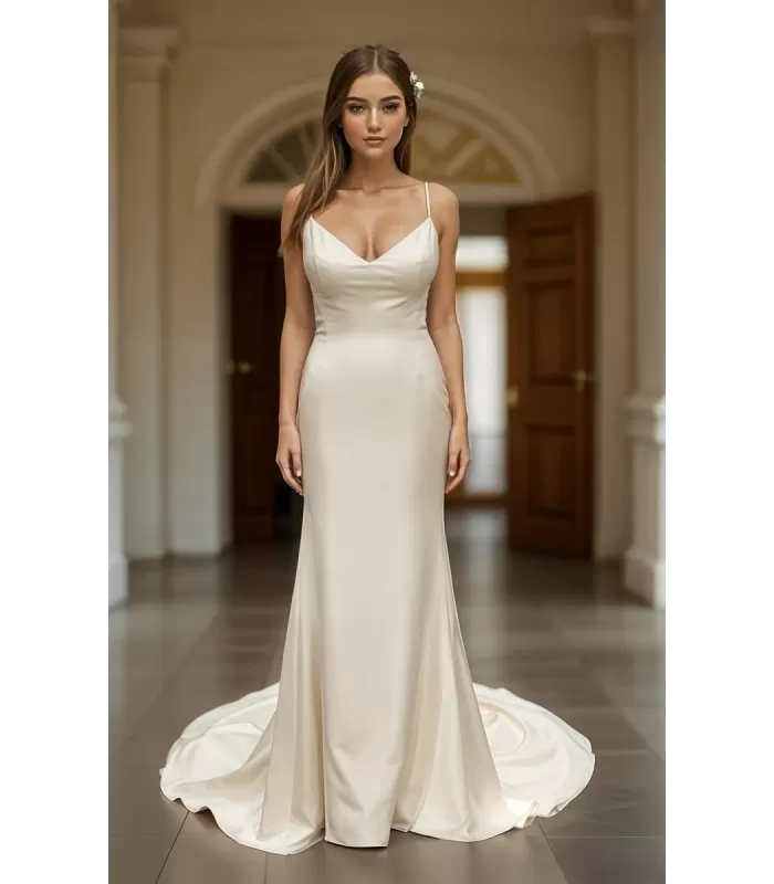 Crepe Fitted & Flare Wedding Dress with Spaghetti Straps Cross-back Tied up - CB-F2001