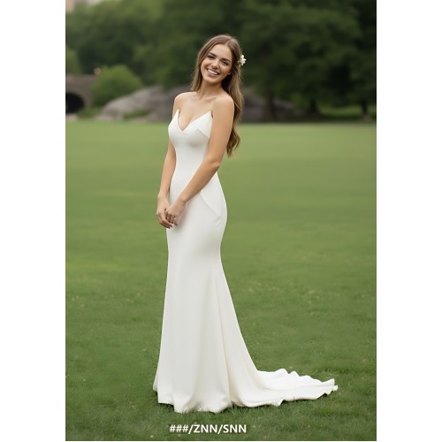 Crepe Fitted & Flare Wedding Dress with Spaghetti Straps Cross-back Tied up - CB-F2001
