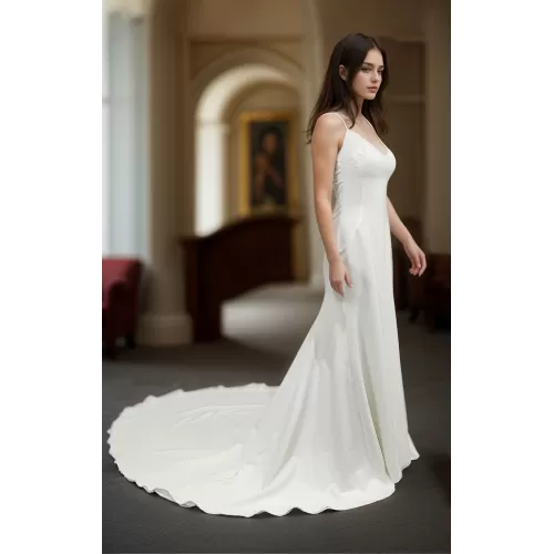 Crepe Fitted & Flare Wedding Dress with Spaghetti Straps Cross-back Tied up - CB-F2001