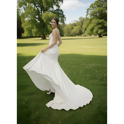 Crepe Fitted & Flare Wedding Dress with Spaghetti Straps Cross-back Tied up - CB-F2001