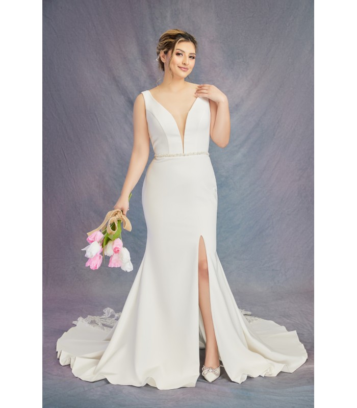 Fitted & Flare Plunge V Neck Tank Top Wedding Dress - CB-F3001