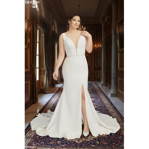 Fitted & Flare Plunge V Neck Tank Top Wedding Dress - CB-F3001