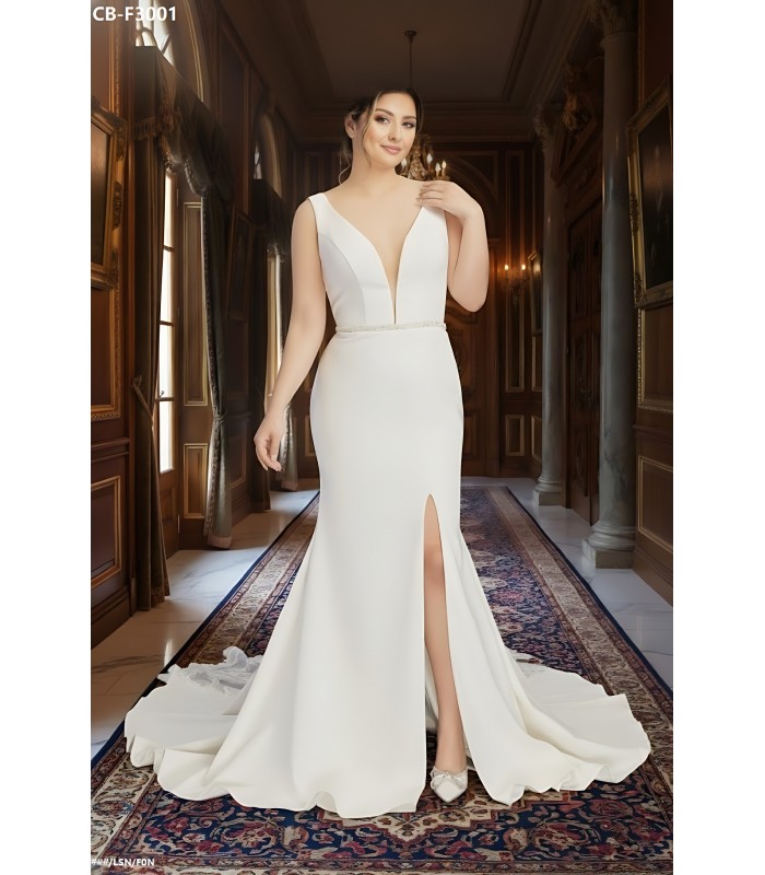 Fitted & Flare Plunge V Neck Tank Top Wedding Dress - CB-F3001
