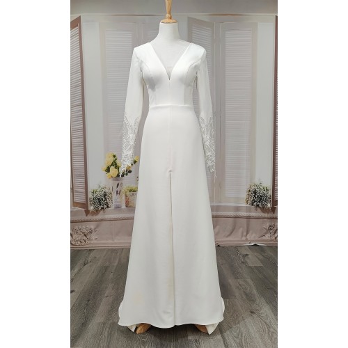 Fitted and Flare Crepe Long Sleeves  Wedding Dress - CB-F6001-A