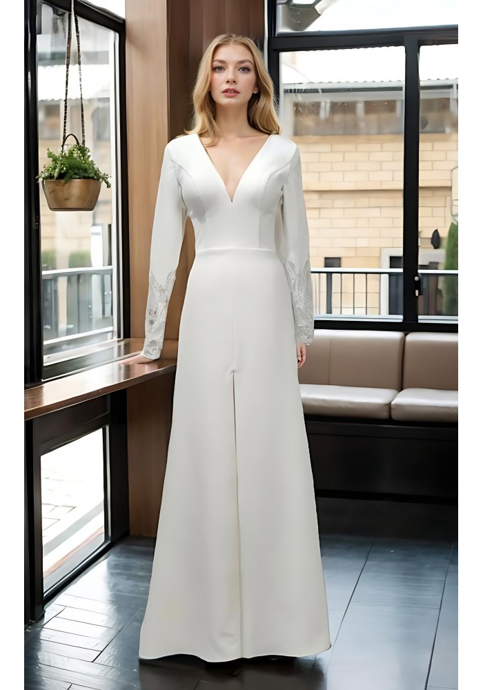 Fitted and Flare Crepe Long Sleeves  Wedding Dress - CB-F6001-A